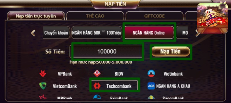 Nạp tiền TDTC hỗ trợ hầu hết các ngân hàng nội địa